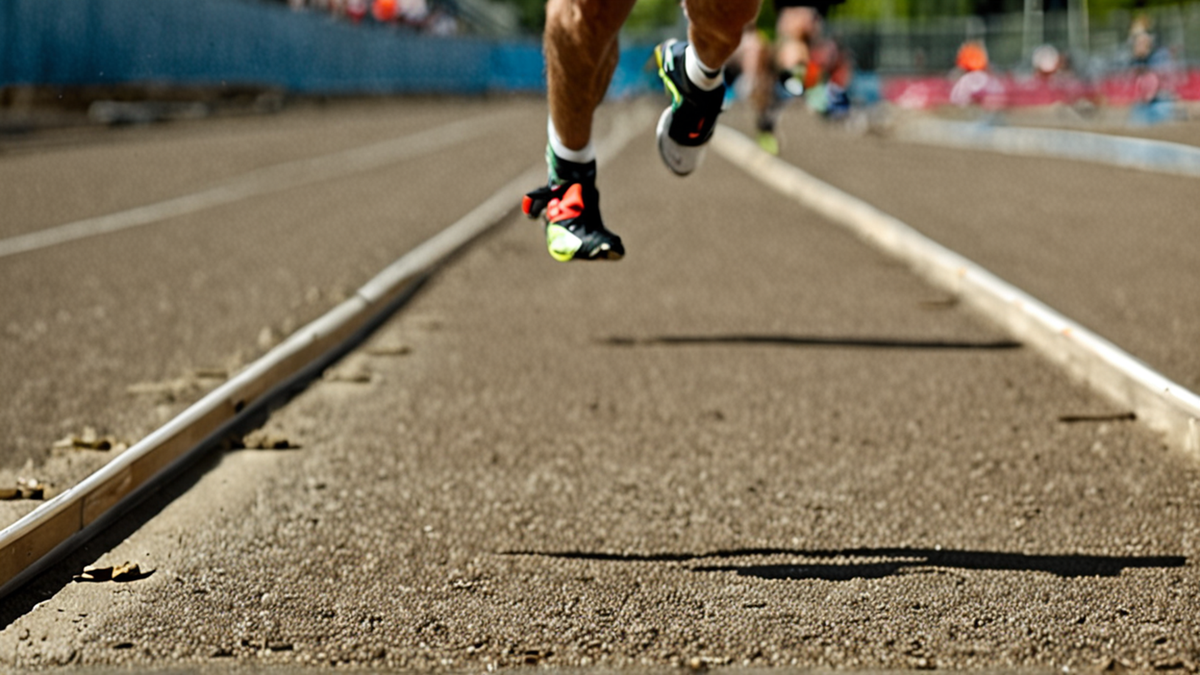 Sprinteur en fauteuil de course accélérant sur une piste d’athlétisme.