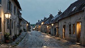 Une rue faiblement éclairée la nuit avec des lampadaires orientés vers le sol.