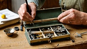 Une personne examine un petit appareil et des outils sur une table.