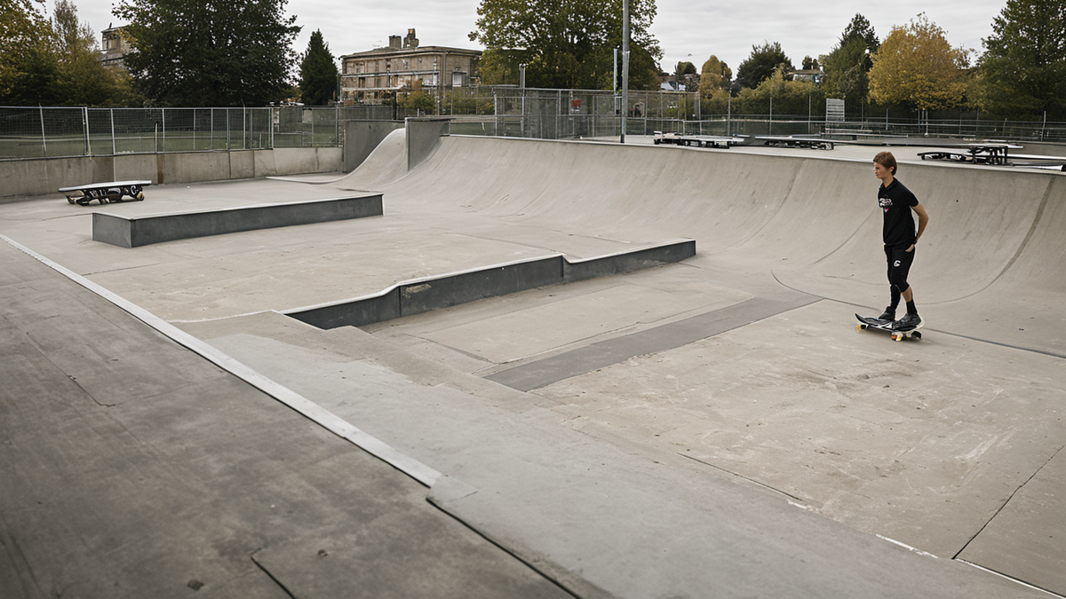 Skatepark de proximité avec modules et rampes.