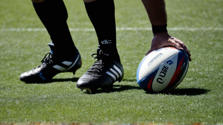 Entraînement de rugby avec atelier de plaquage et boucliers, ballon usé au premier plan.