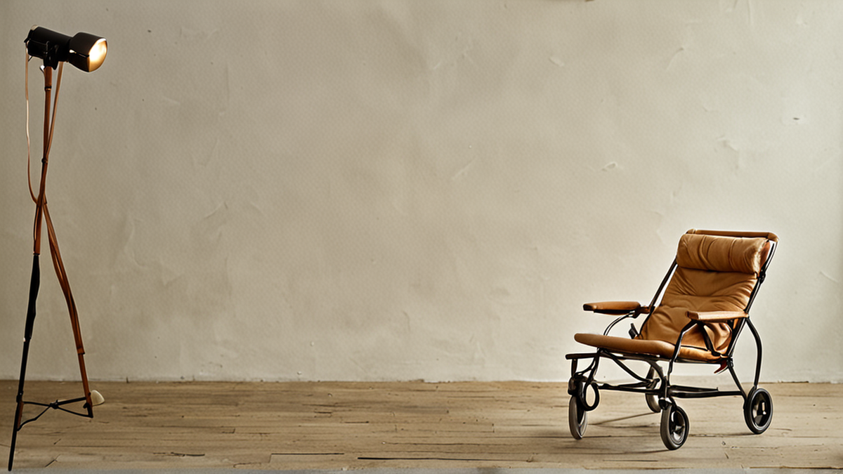 Main testant le frein d’une poussette d’occasion dans un hall intérieur.
