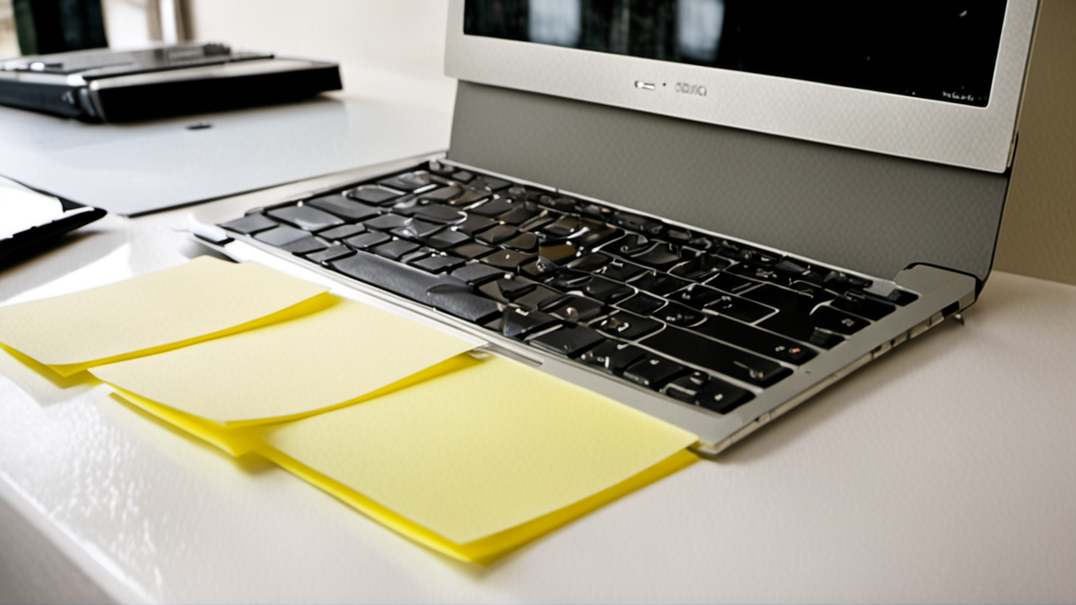 Un bureau avec pages de scénario, post-its et ordinateur portable.