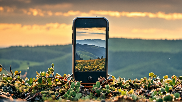 Une personne tient un téléphone vers le ciel dans un paysage naturel.