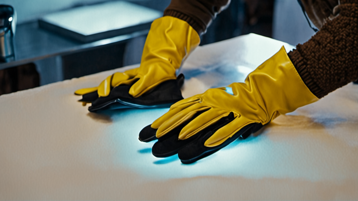 Bande de pellicule sur table lumineuse illustrant le travail de restauration.