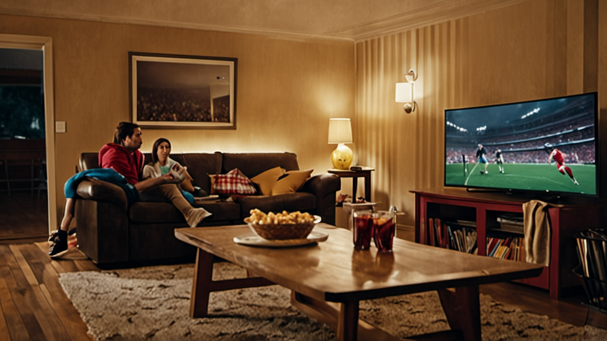 Amis regardant un match à la télévision dans un salon.