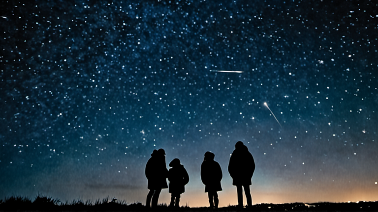 Silhouettes d’une famille observant le ciel étoilé en hiver.
