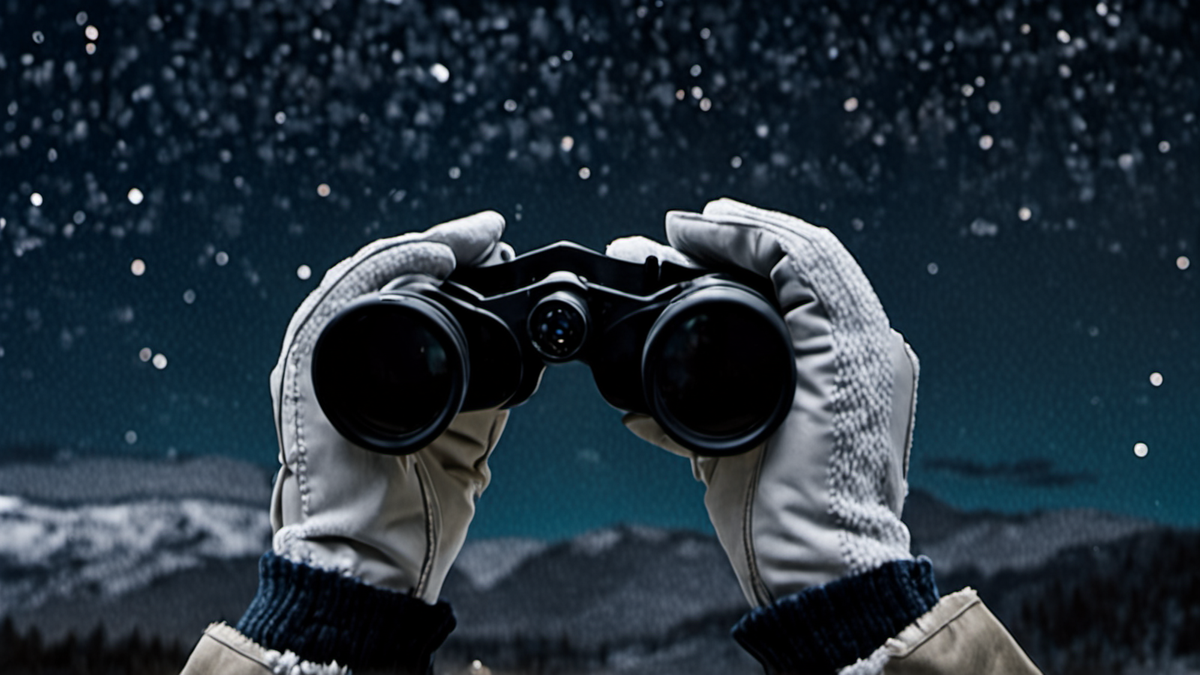 Main gantée tenant des jumelles tournées vers le ciel nocturne.