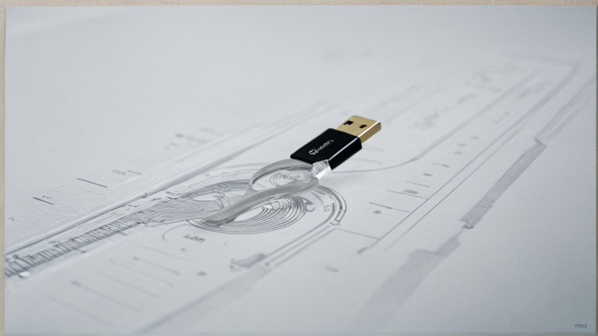 Écran flou de tri de fichiers, clé USB neutre au premier plan.