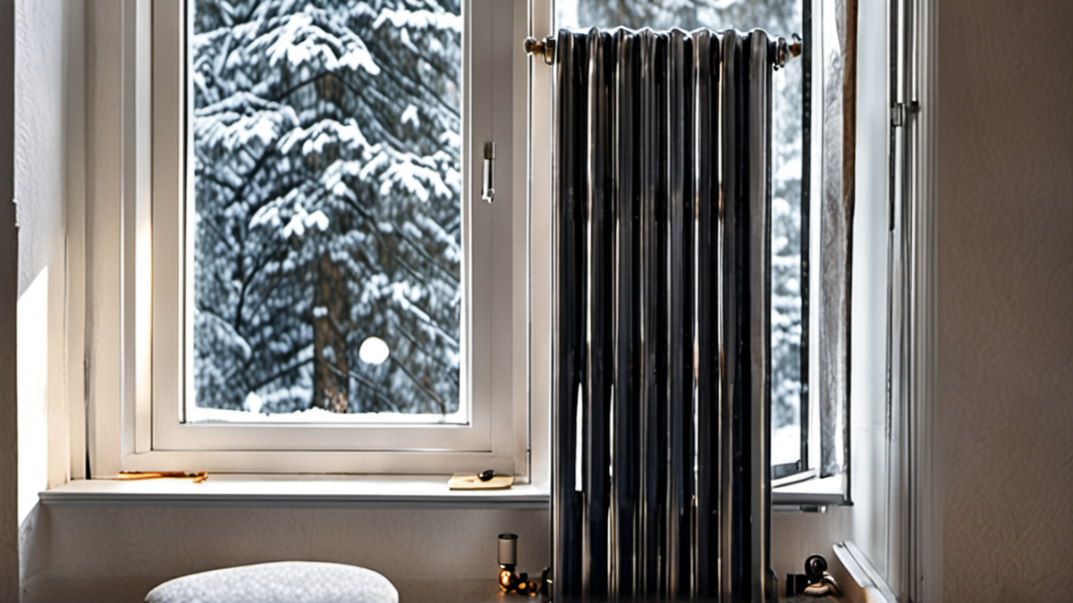 Un radiateur chauffe une pièce simple avec une fenêtre isolée par un rideau.