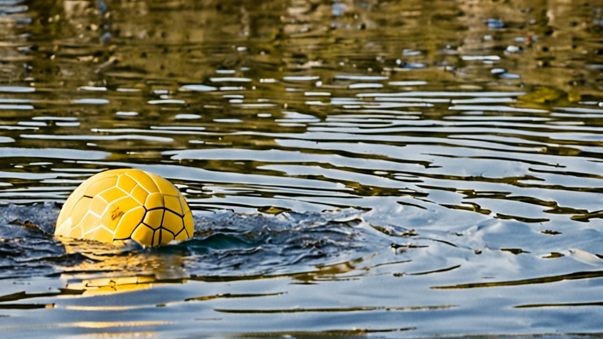 Un arbitre de water-polo au bord de la piscine lève le bras pour signaler une faute.