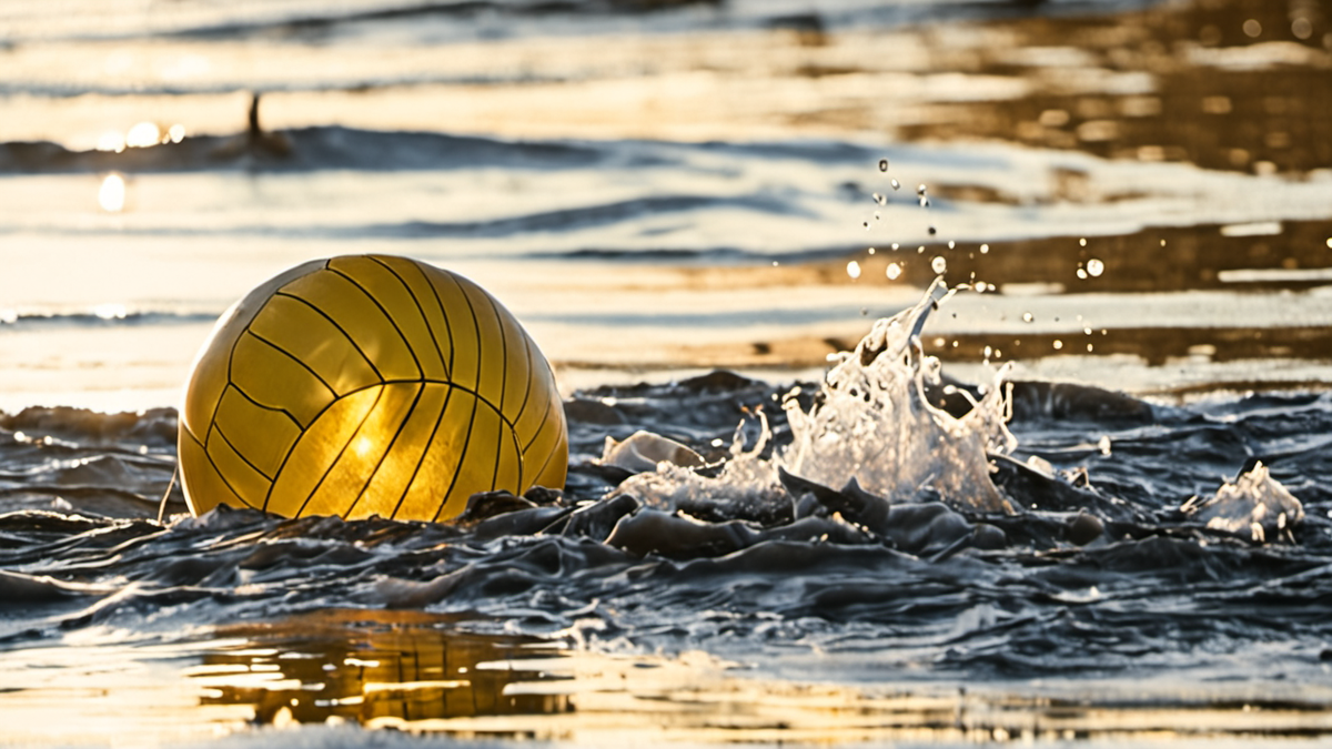 Des joueurs de water-polo célèbrent un but près de la cage dans l'eau.