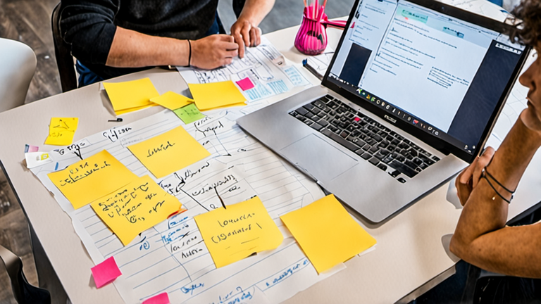 Atelier
 collaboratif type bootcamp avec post-its flous et personnes discutant autour d’une table