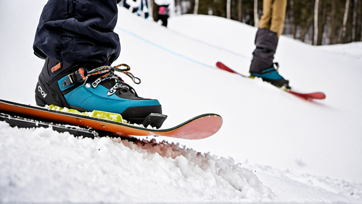 Un skieur freestyle ajuste ses fixations au bord d'un snowpark.