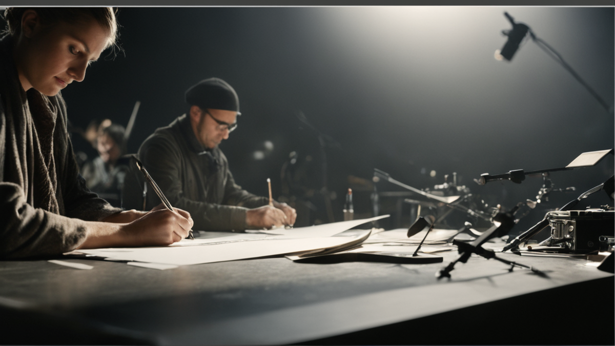 Coulisses d’un studio d’animation, plan sur matériel et storyboard flou illisible.