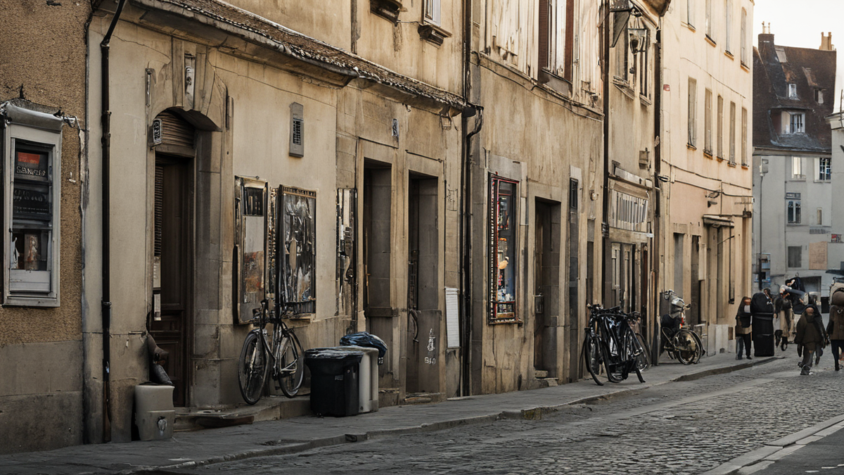 Affiche d’un festival d’animation floue illisible dans une rue, ambiance culturelle.