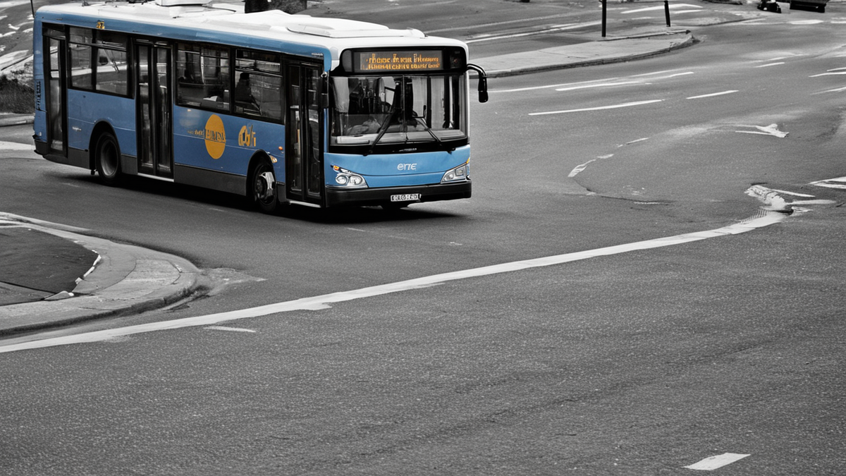Centre-ville avec bus et usagers dans une scène de mobilité quotidienne.