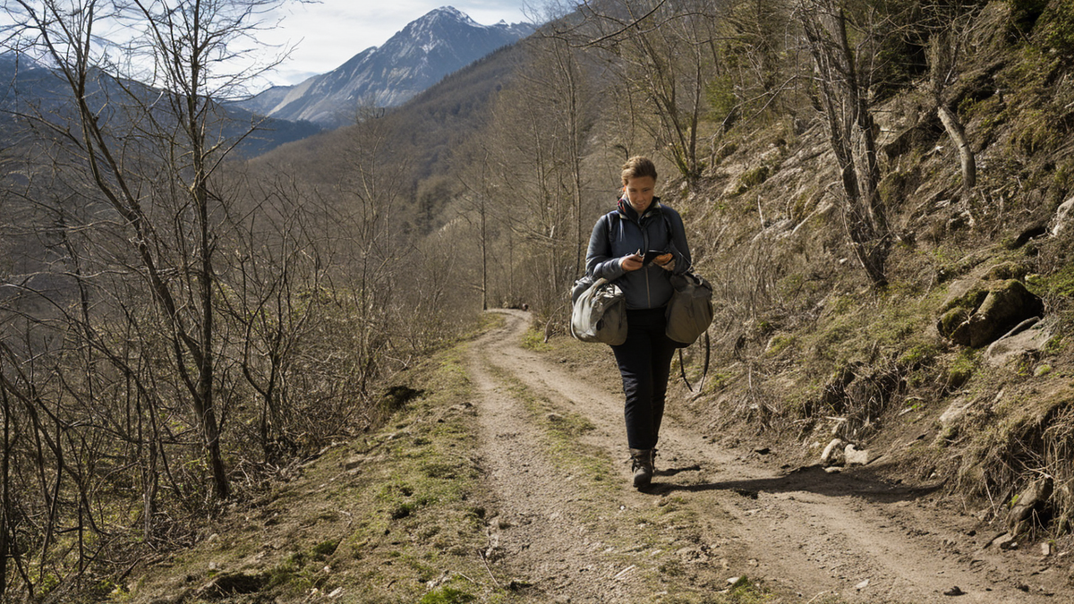 Marcheuse sur un sentier de montagne avec carnet dans un paysage himalayen.