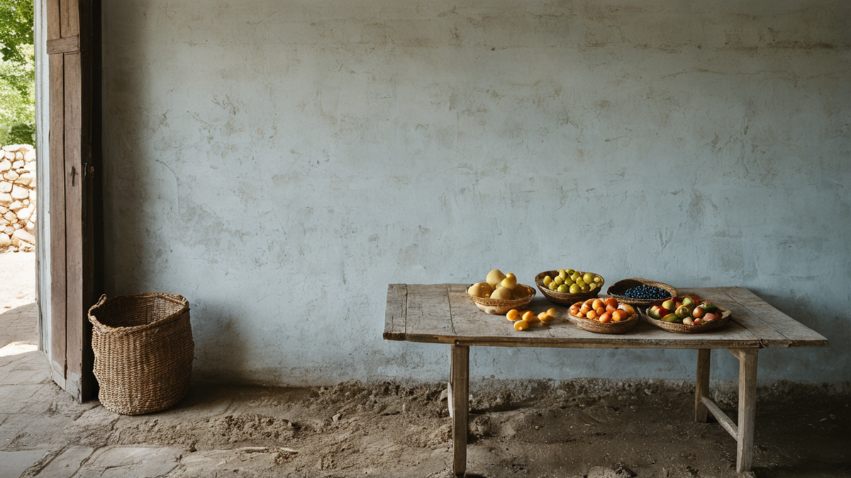 Intérieur simple de homestay avec repas local et équipement de randonnée.