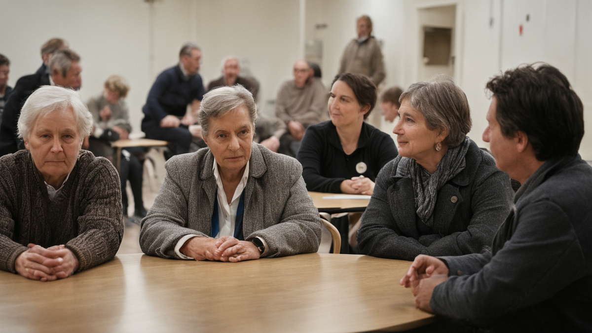 Salle de quartier après un café de langue, avec chaises et tables encore disposées.