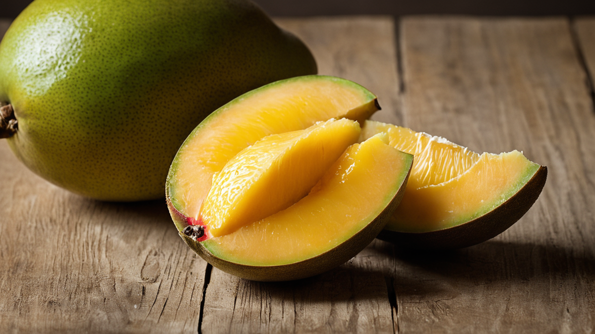 Des variétés de mangues alignées sur un marché montrent la diversité très visuelle du fruit en Inde.