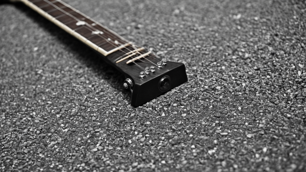 Une guitare et un mégaphone posés au bord d’un trottoir avant un rassemblement.