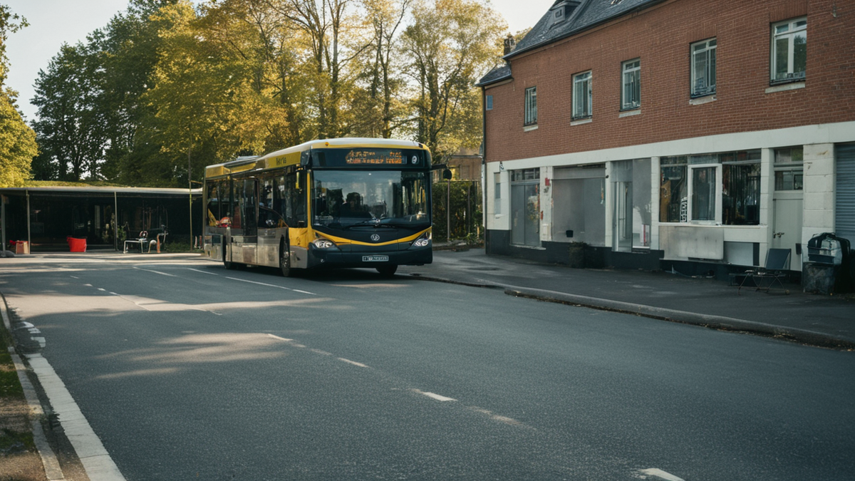 Bus médical stationné près d’un lieu de quartier sur un parking.