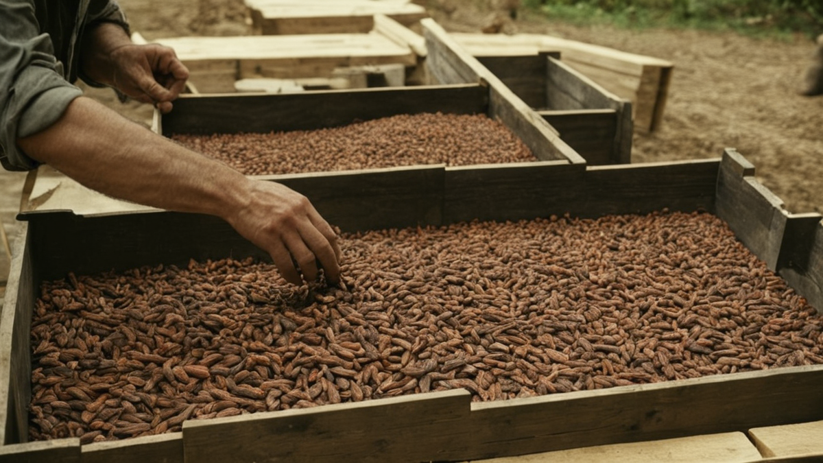 Caisses de fermentation et claies de séchage utilisées pour préparer les fèves de cacao.