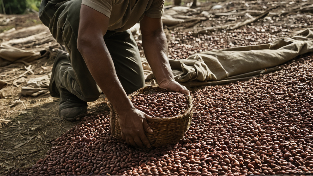 Entrepôt de coopérative avec sacs de cacao et palettes, prêts pour l’expédition.