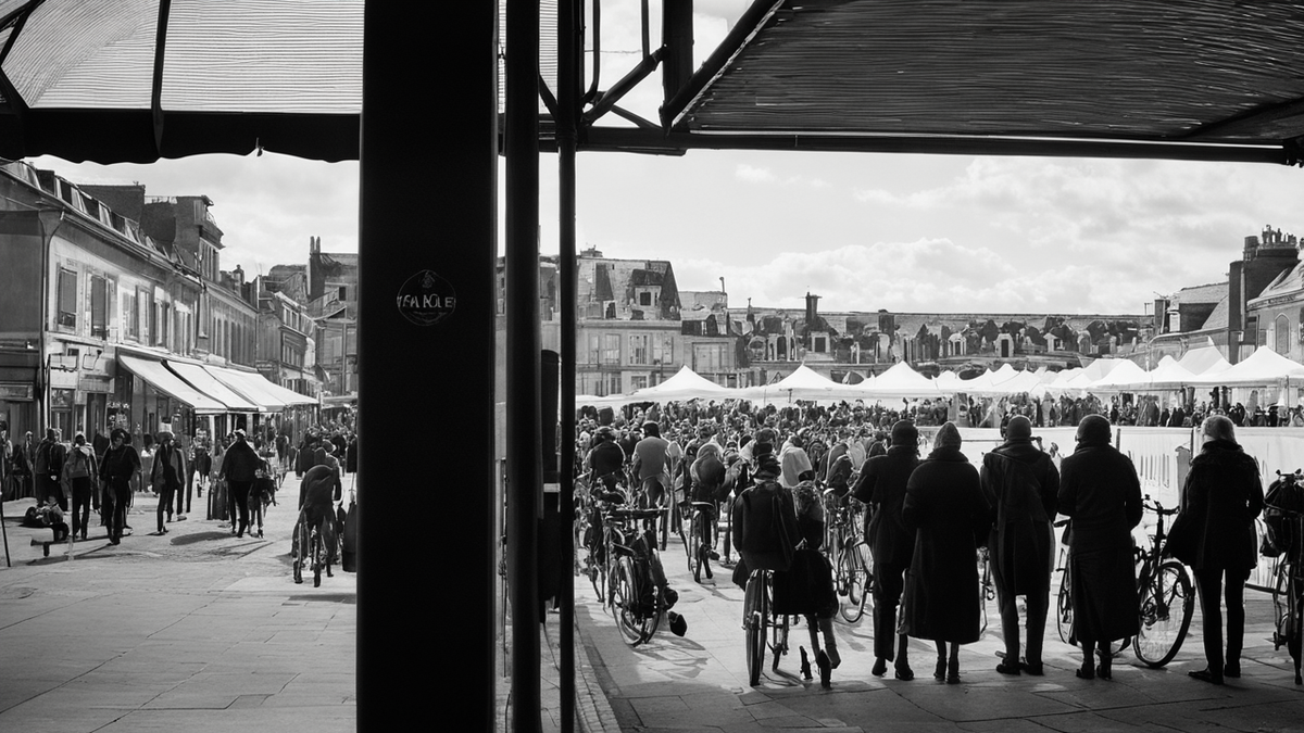 Début de file d’attente devant une salle de concert à l’heure du soir encore claire