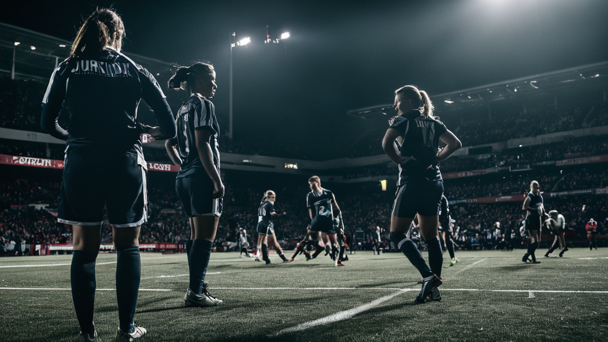 Joueuses entrant sur le terrain devant un stade rempli.