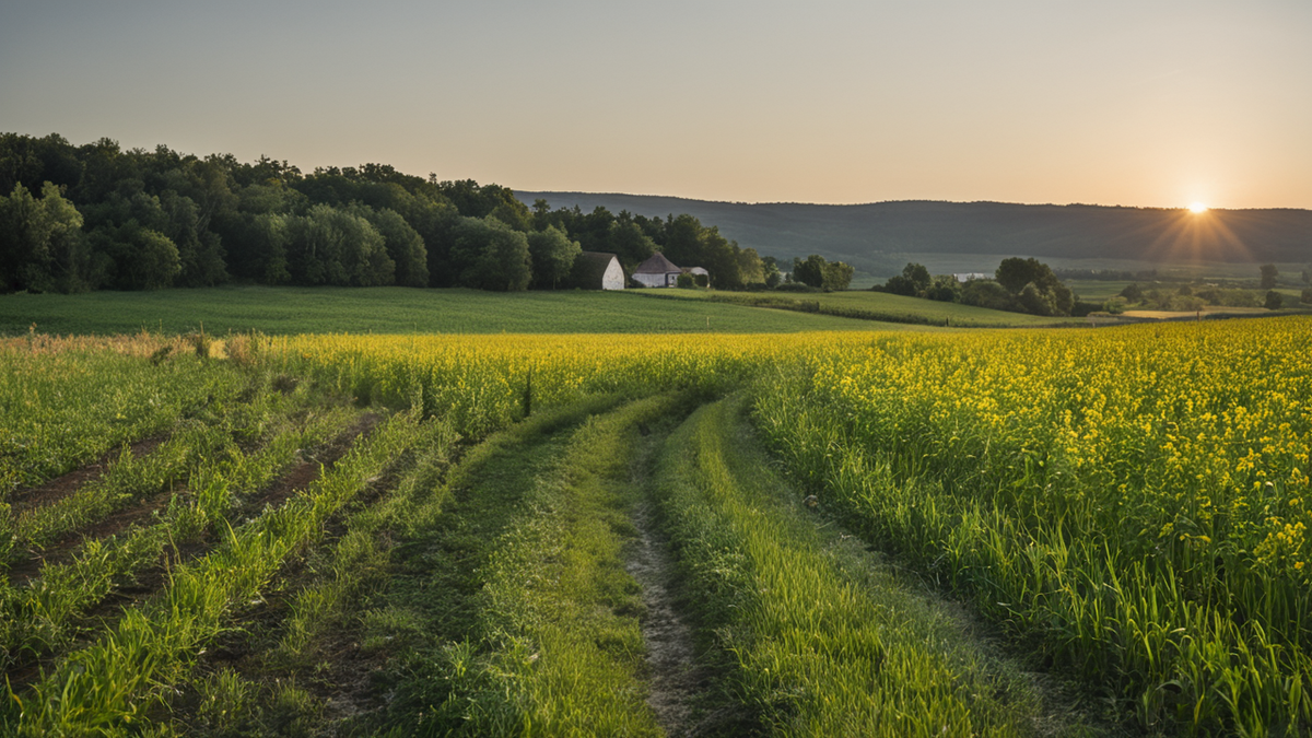Champ et chemin communal dans une zone rurale croate redevenue accessible.