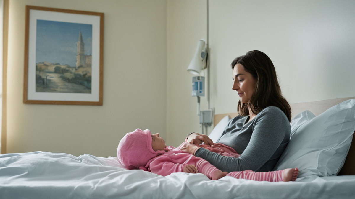 Chambre post-partum lumineuse avec berceau et atmosphère calme.