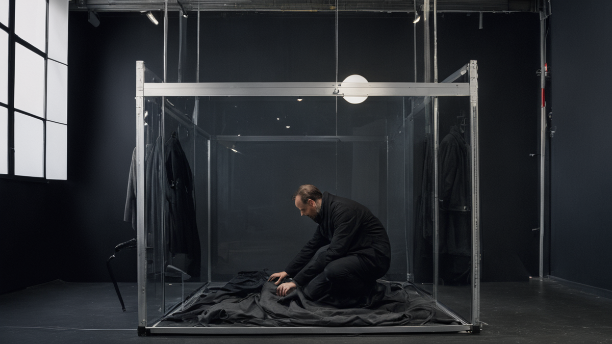 Détail de matière et de couture sur un costume exposé.