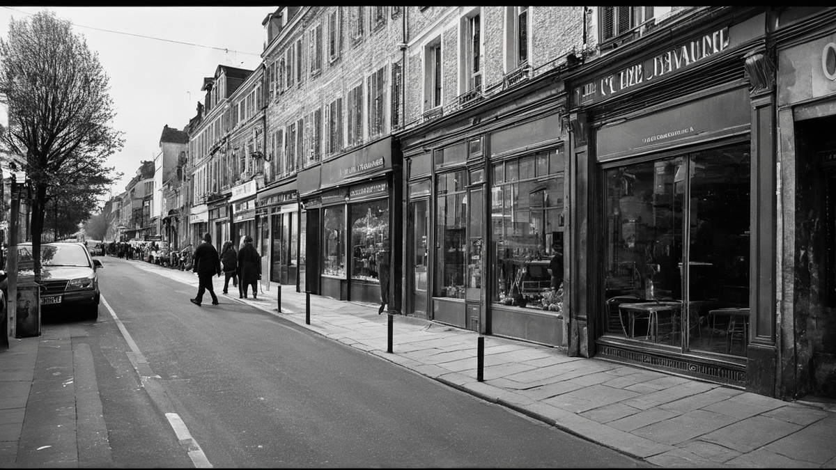 Une vitrine et du mobilier urbain dans une rue de quartier à l’ambiance culturelle retrouvée.