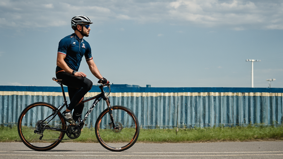 Exercice de maniabilité à vélo, plot au sol, plan large sans gros plan visage.