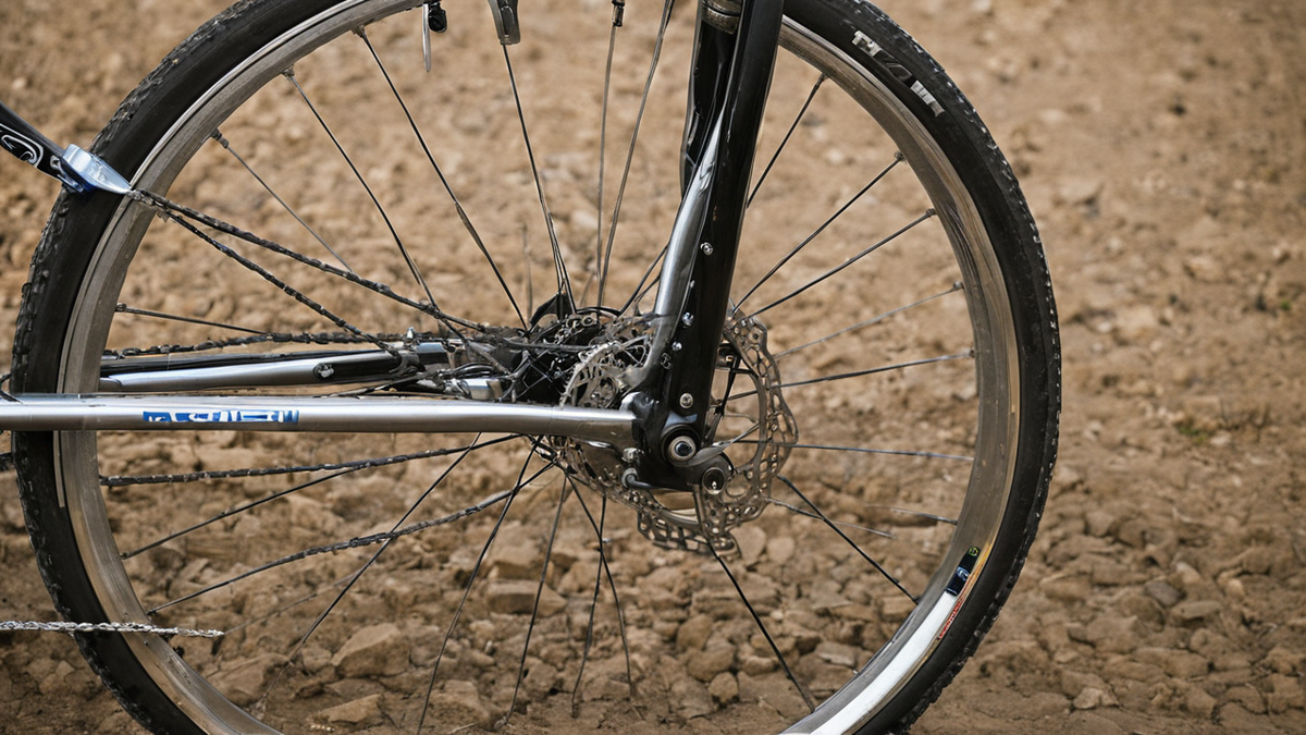 Atelier réparation vélo avec roue démontée et outils sur établi, sans mains visibles.