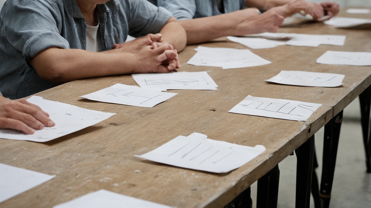 Une table d’atelier scolaire avec matériel d’art et affichage flou en arrière-plan.
