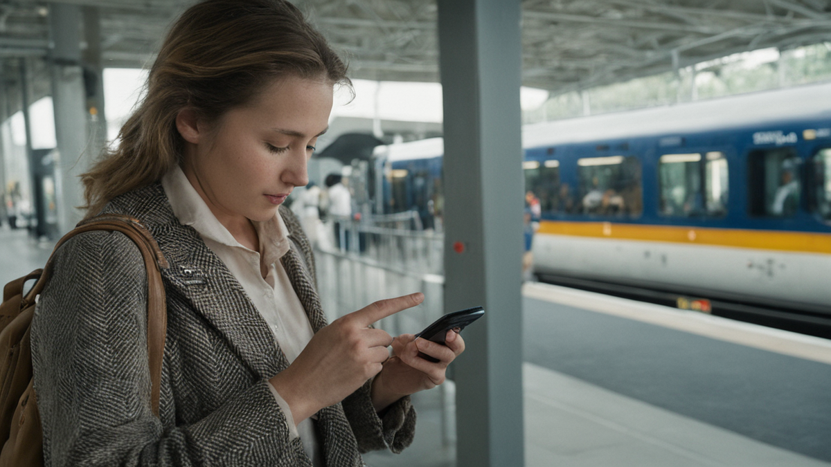 Voyageur utilisant sereinement son téléphone en transit grâce à des réglages bien choisis.