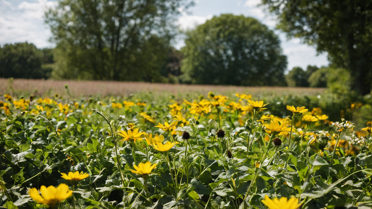 Des plantes et fleurs sauvages poussant sous des panneaux solaires sur un site aménagé.