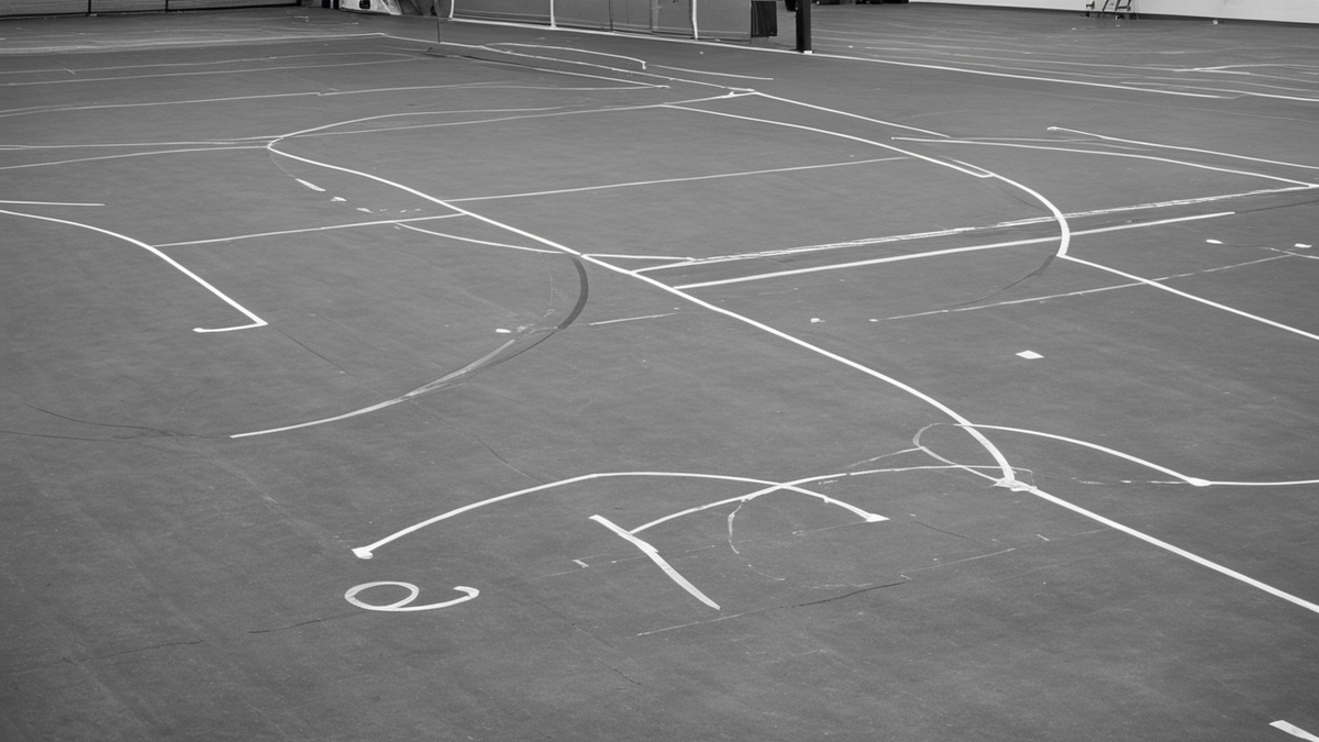 Terrain de futsal avec zone de remplacement et joueurs en action.