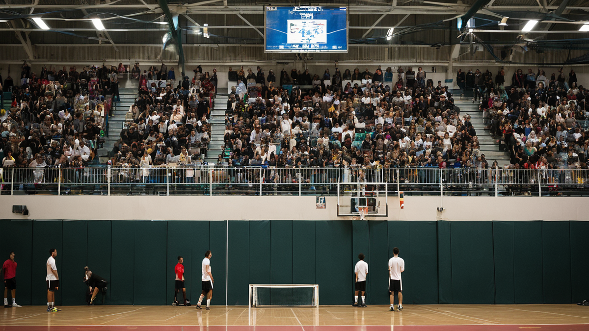 Tribunes d’un gymnase avec public assistant à un match de futsal.