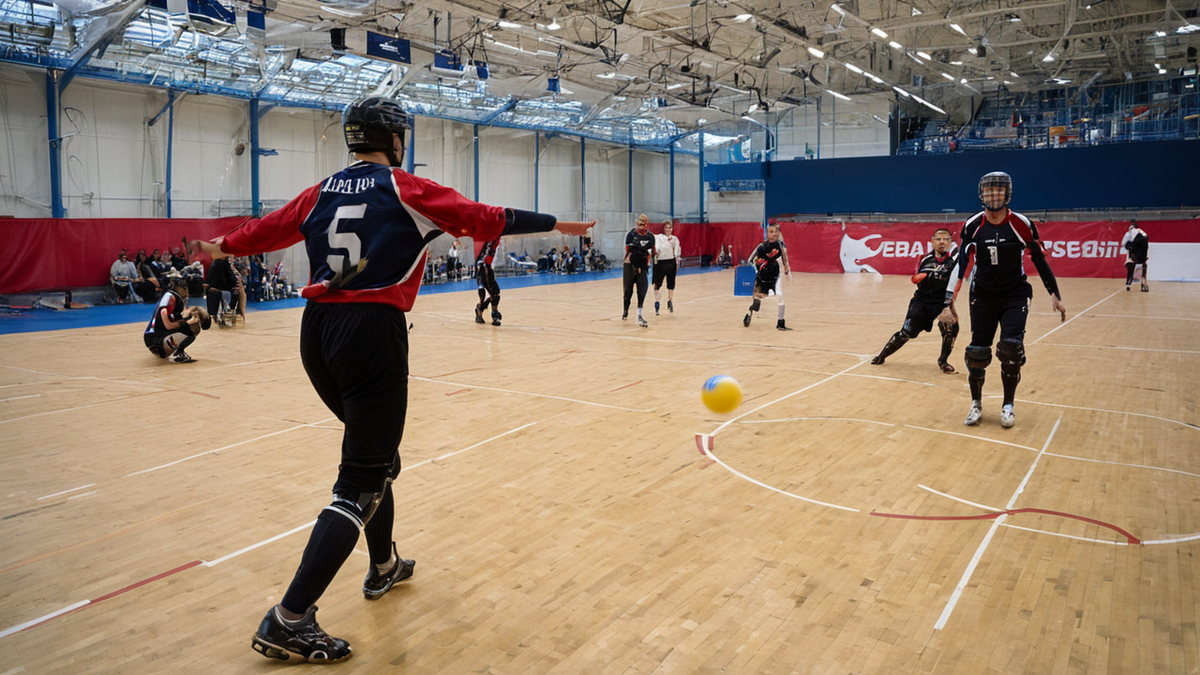 Terrain de cécifoot ou de goalball dans un moment de silence de jeu.