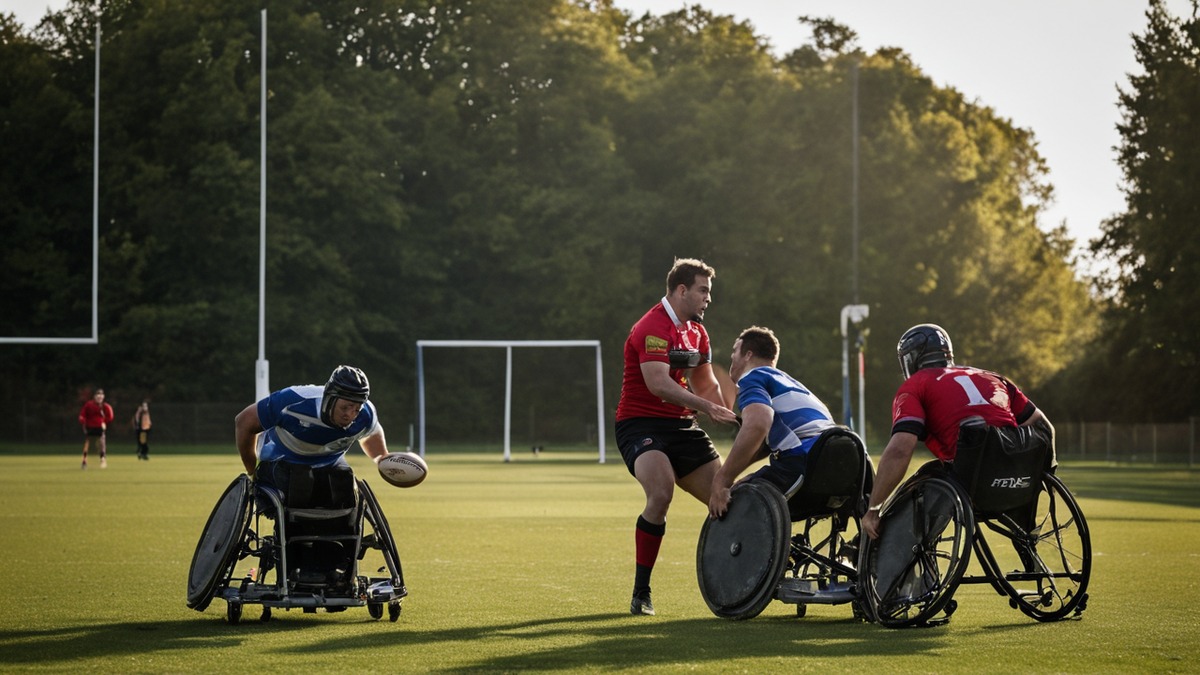 Match de rugby fauteuil vu large avec collisions de fauteuils en jeu.