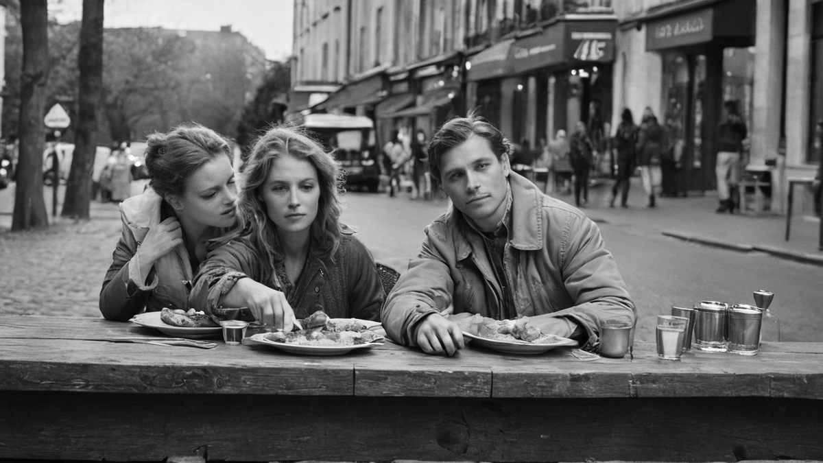 Voisins échangeant dans une entrée d’immeuble après un repas partagé.