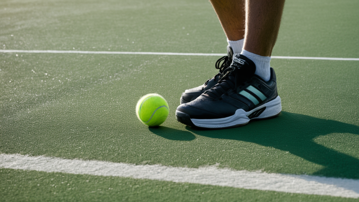 Court de tennis sur terre battue avec balle au sol et joueur flou au loin.