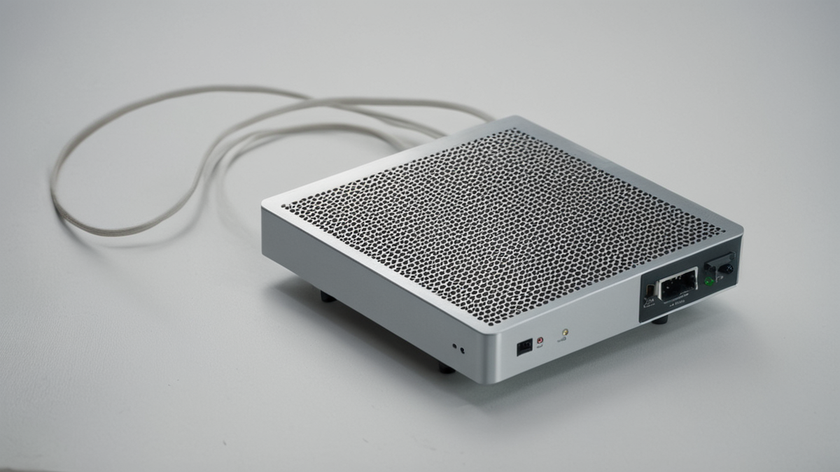 Petit ordinateur compact posé près d’un routeur aux voyants éteints.