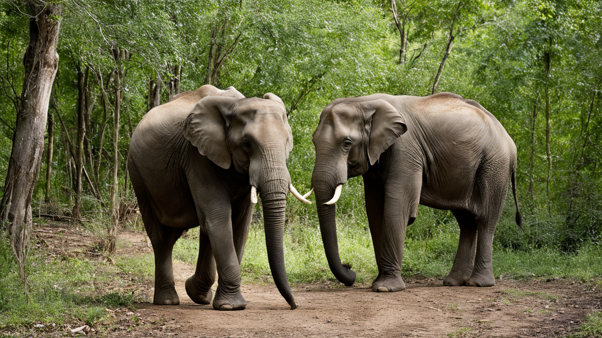 Zone d’observation d’éléphants dans un parc tropical avec visiteurs à distance.