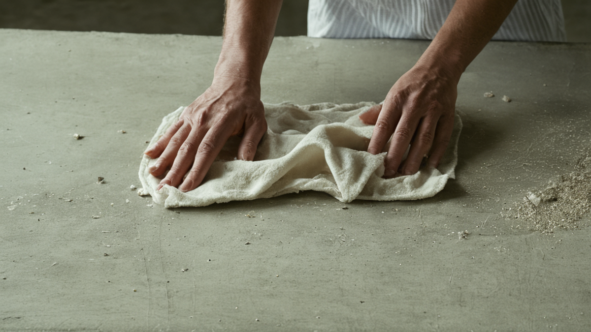Linge propre plié sur une table dans une buanderie collective.