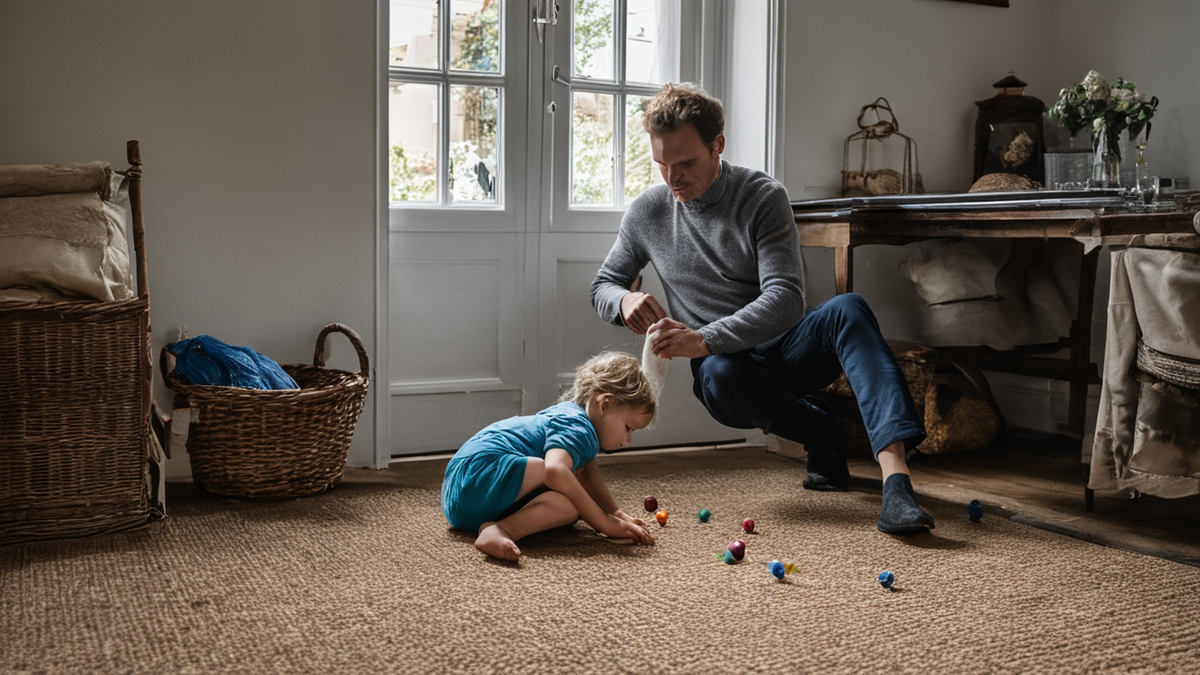 Salon familial peu encombré avec quelques jeux empruntés